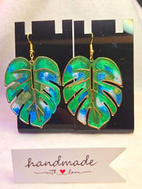 Image 1 of Handcrafted Resin Large Monstera Leaf Earrings 