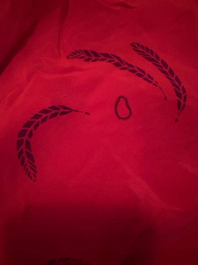 1970s Zandra Rhodes red silk feather and sun print scarf dress