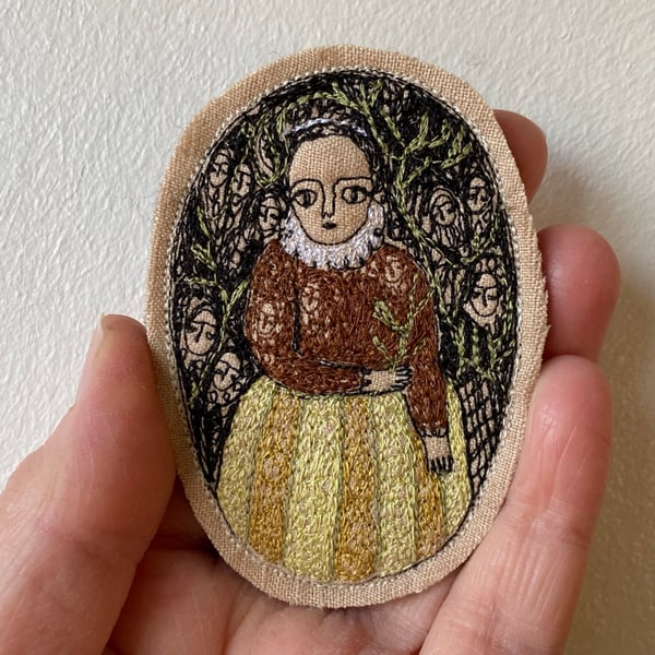 Image of Spring girl with vine - larger embroidery portrait brooch 