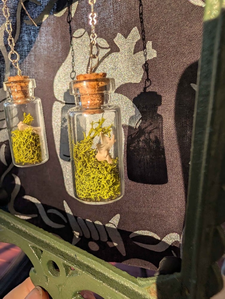 Image of mossy squirrel vertebrae jar earrings