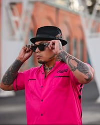 Image 2 of Embroidered Bowling Shirt in Pink and Black