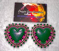 Image 3 of Hand Polished Dark Green Heart Beaded Earrings