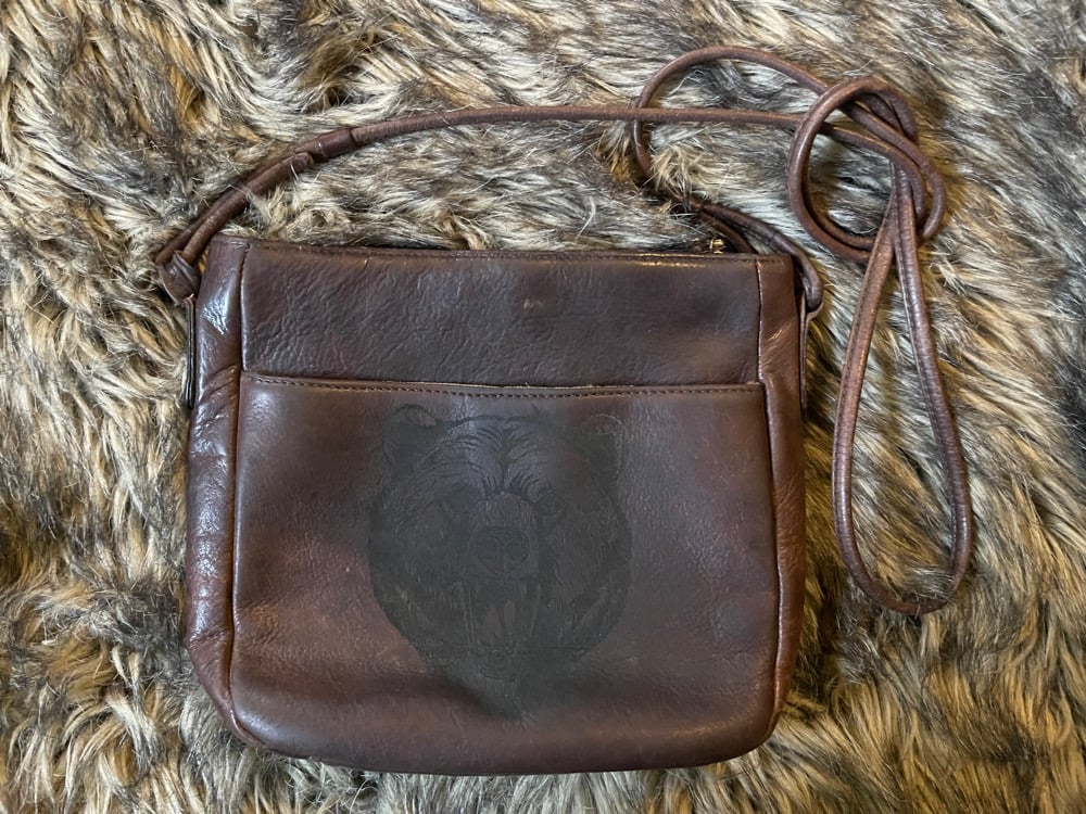 Upcycled Leather Fossil Purse With Laser Engraved Grizzly Bear 