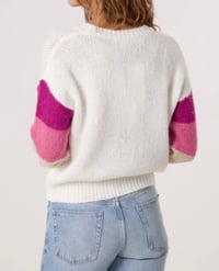 Image 3 of Striped Colour Sleeve Embroidered Flower Jumper Pink