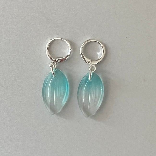 glass aqua petal silver huggie hoops