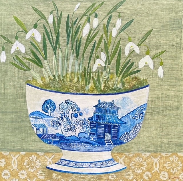 Image of Willow pattern bowl and Snowdrops  Giclee print.