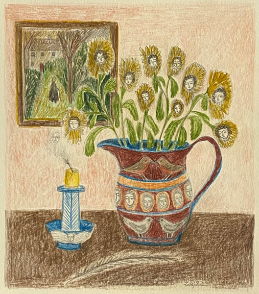 Image of Decorated jug with enchanted flowers and candlestick 