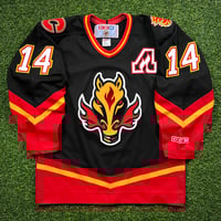 Image 1 of 1998 CCM NHL Jersey Calgary Flames Theo Fleury Blasty Alternate Sz. M Vintage