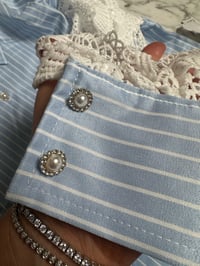 Image 4 of Pinstripe & Lace Sleeve Button-Up Blouse