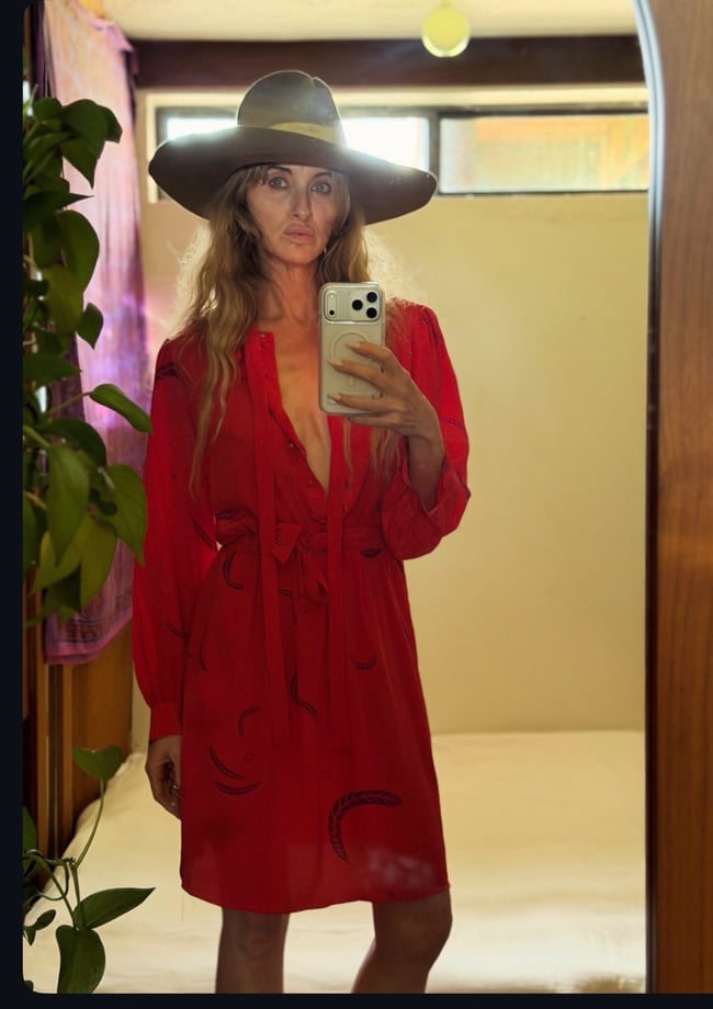 1970s Zandra Rhodes red silk feather and sun print scarf dress