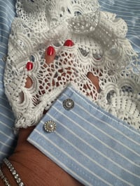 Image 3 of Pinstripe & Lace Sleeve Button-Up Blouse