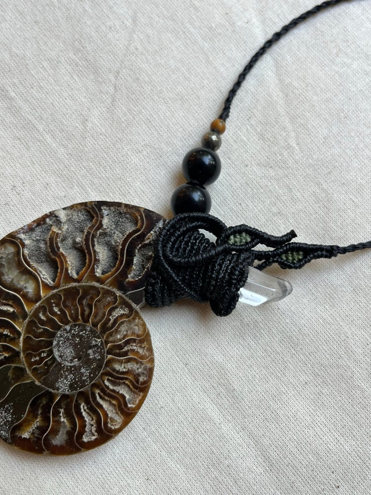 Image of Macrame necklace with ammonite and clear quartz 