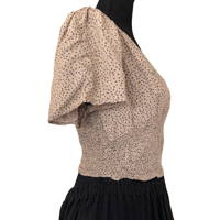Image 2 of Cropped Flutter Sleeve Smocked Tan Polka Dot Top - Size L