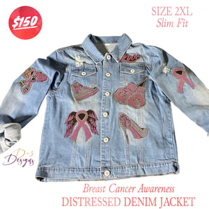 Image of Breast Cancer Awareness Distressed Denim Jacket 