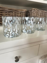 Image 1 of SET OF 3 WHITE CLEAR SPOTTY GLASS T LIGHT HOLDERS