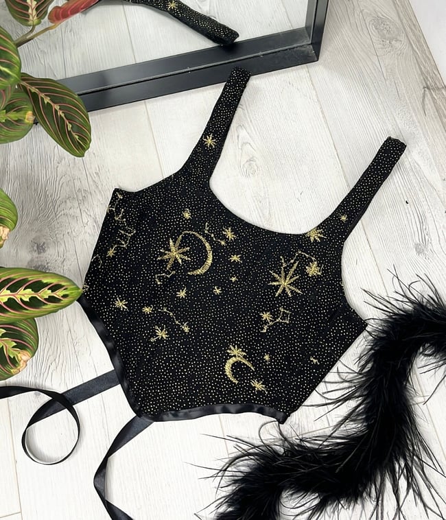 Gold embroidered star and moon corset | ECcentric Clothing