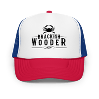 Image 1 of Brackish Wooder Foam Trucker Hat – Black Logo with Chesapeake Blue Crab | Snapback Mesh Cap