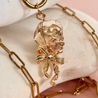 Image 2 of Glass Skull and Bow Paperclip Chain - Gold