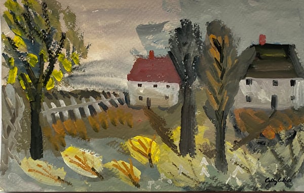 Image of almost spring (red roof) - landscape painting