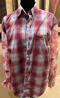 Image 2 of Vintage Funky Pink/Gray Cotton Shirt Pink Floral Print Sleeves Deer