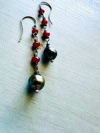 Image 1 of sterling silver ruby and Tahitian pearl dangle earrings by peacesofindigo