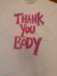 Image 1 of White thank you body shirt with text in pink (2XL)