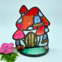 Image 1 of Iridescent Red Mushroom House Candle Holder 