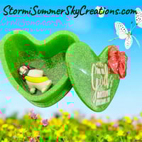 Image 1 of Heart shaped Green with Red Bow Prayer/Trinket Box
