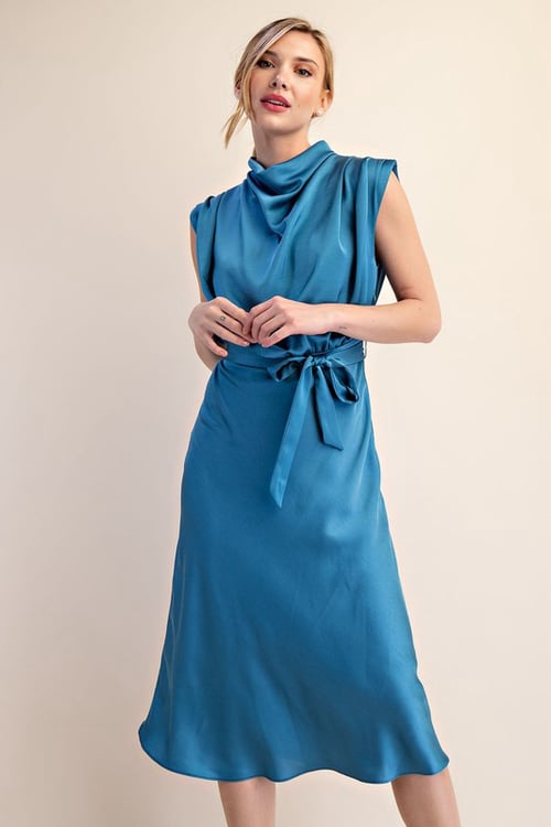 Image of  Mock Neck Sleeveless Midi Dress- Blue