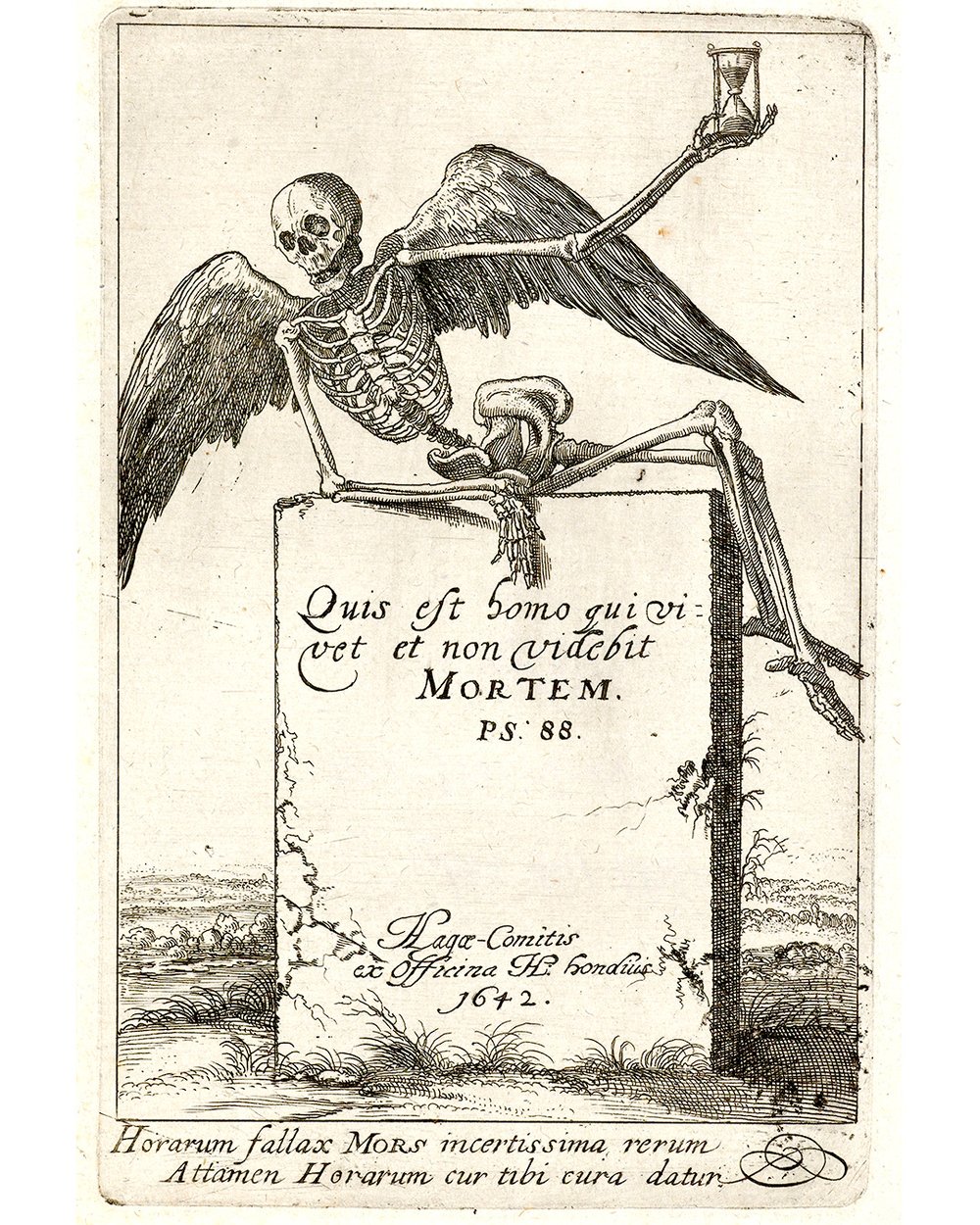 ''Winged skeleton with hourglass on a tombstone'' (1642)