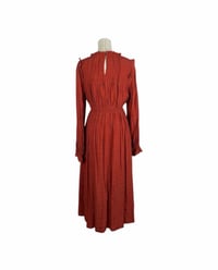 Image 3 of Rust Red Mock Neck Smocked Bodice Pleated Midi Dress – Long Sleeve Boho Fall Dress Size Small NWOT