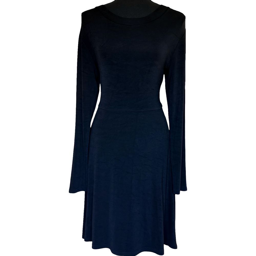 knee length dresses for ladies Elwyn Bardot Mini Dress in Slinky Black , Asymmetric , Long Sleeve