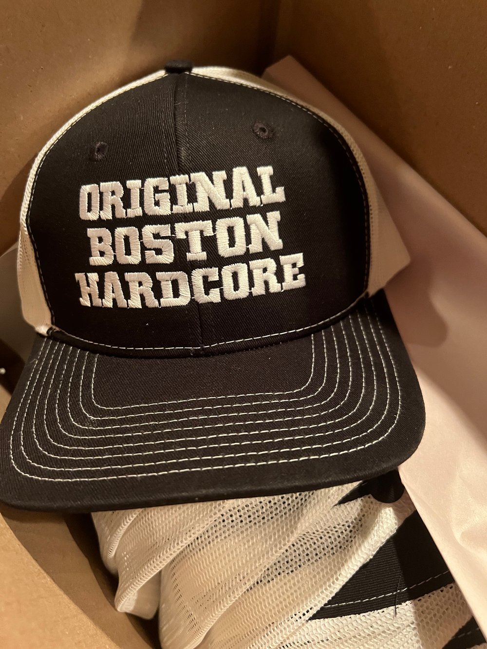 White "Original Boston Hardcore” Logo Snapback Trucker Cap