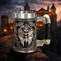 Image 1 of 👑The Armored Kingdom Winged Wrath Skull War Mug-16 oz Stainless Steel Interior-Washable-Durable