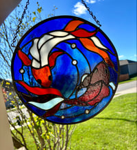 Image 3 of Koi Fish Stained-Glass Window Panel - Blue Water Circle Window Hanging with Orange and White Koi