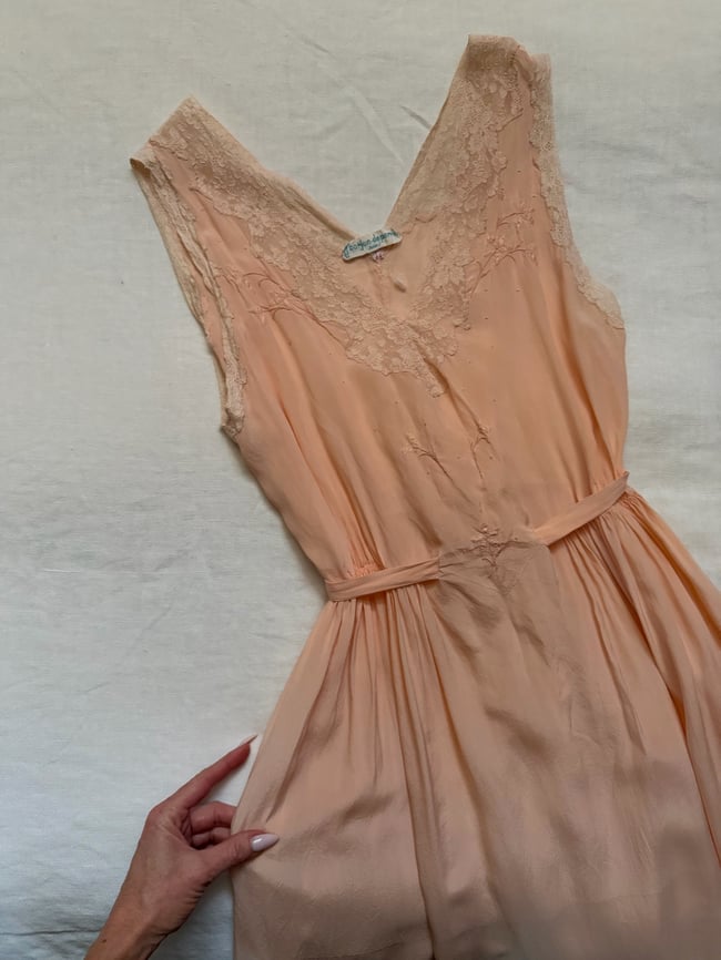 1930s pale pink silk dress embroidery lace 20s