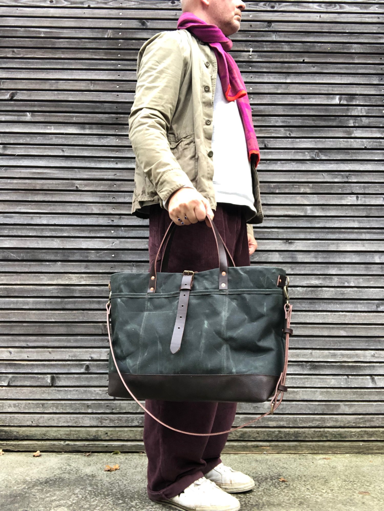 Image of XL carryall in forest green waxed canvas with oiled leather base