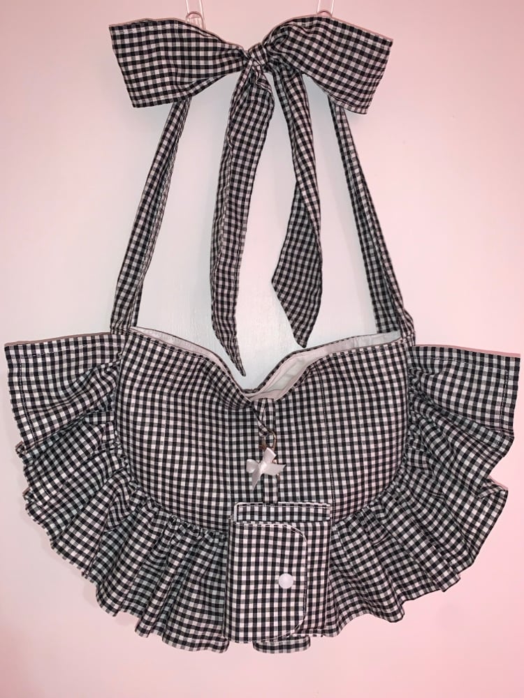 Image of Gingham Ruffle Bow Tote – Black & White 🖤