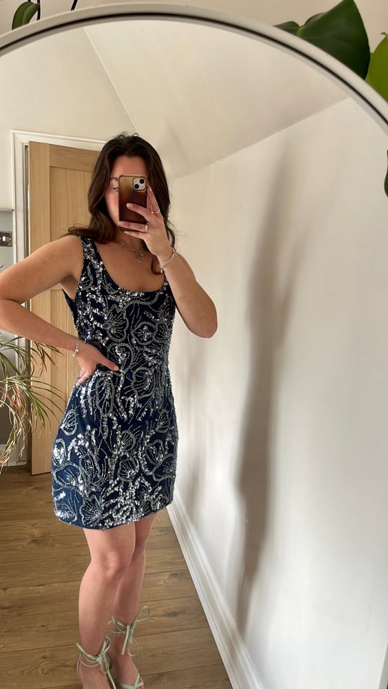 Midnight blue floral beaded dress