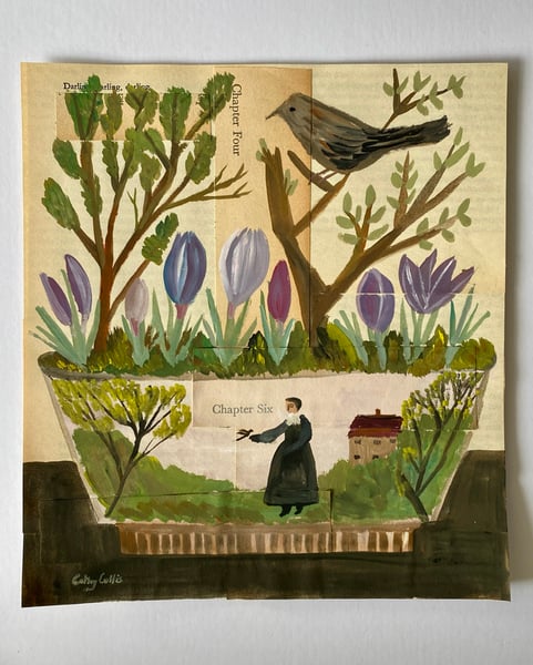 Image of Bird in hand landscape dish with crocuses 