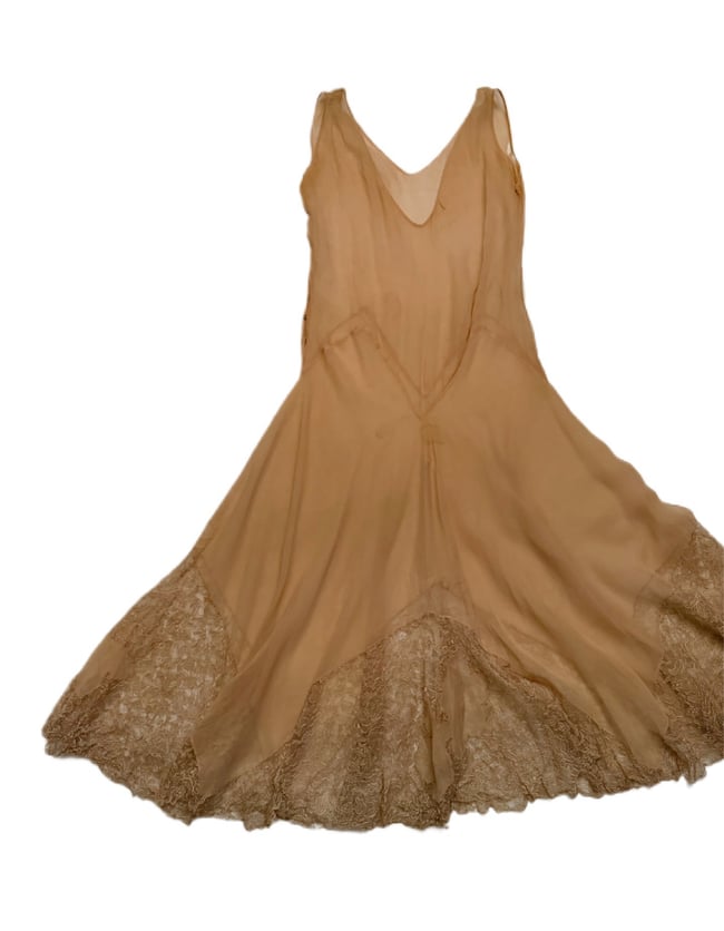 antique 20s tissue silk chiffon and chantilly lace ethereal dress 30s slip 
