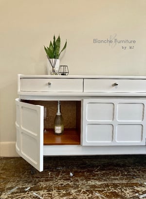 Image of Stunning Nathan Curved Sideboard in White on Brushed Steel Legs