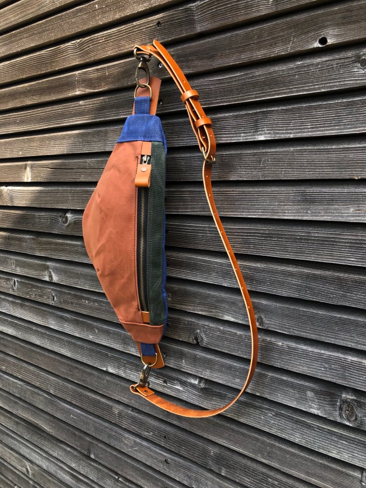 Image of Fanny pack in waxed canvas / sling bag / chest bag / day bag/ with leather shoulder strap