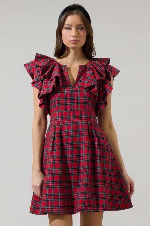 Image of Ruffle Plaid Short Dress 