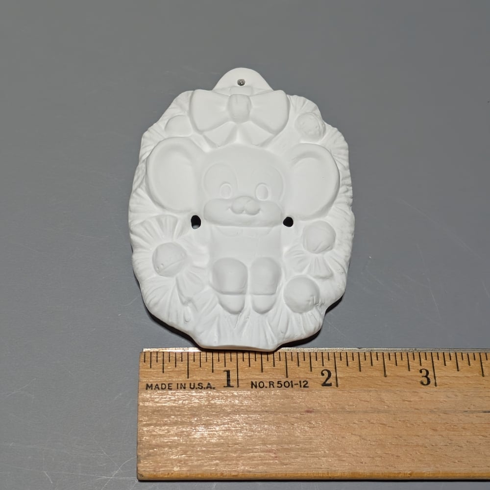 Image of Ceramic Bisque Ready to Paint Mouse in Wreath Ornament 
