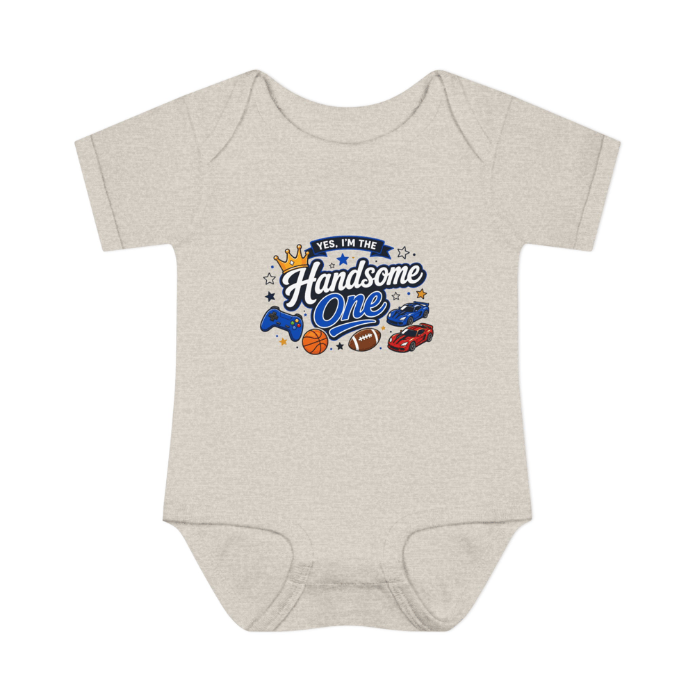 Image of "I'm the Handsome One" Infant Bodysuit – Cute Baby Onesie with Sports & Crown Design