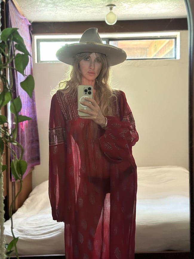 early 1970s Adini indian gauze scarlet poet sleeve dress