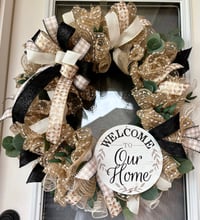 Image 1 of Welcome to Our Home Burlap Wreath - Neutral Gold & Black