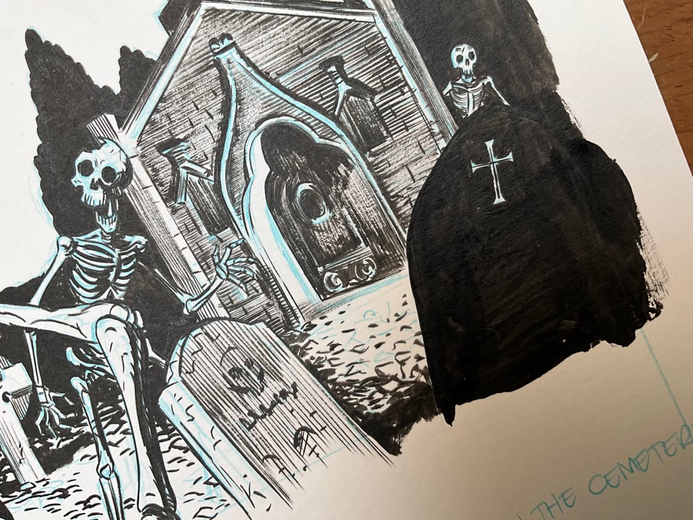 Image of Destroy the skeletons in the cemetery. Original art for the witchcraft game.