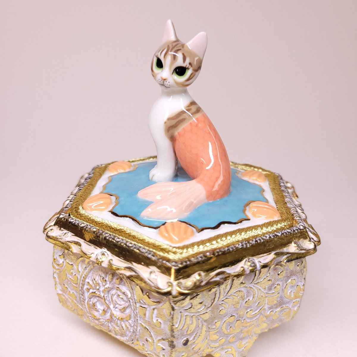 Image of Porcelain Brown Tabby Purrmaid Large Trinket Box